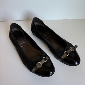 AGL womens black Leather Cap Toe Flats silver Buckle Detailing Made in Italy 40